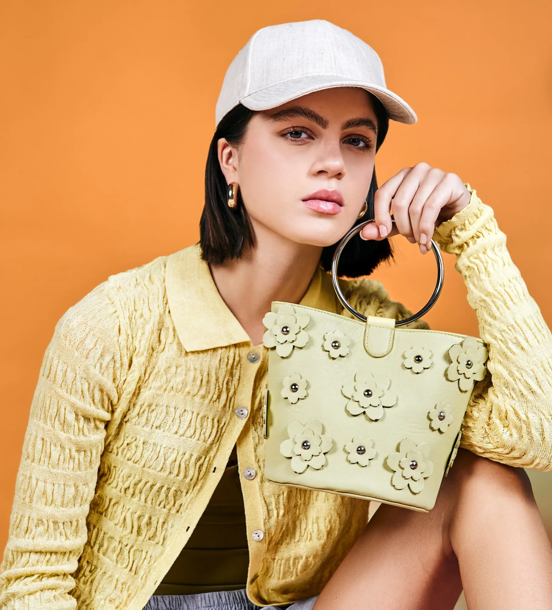 Clearance BOLSO BUCKET FLORES PIEL AMARILLO Mujer Bolsos | Bolsos Y Accesorios