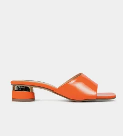 Online SANDALIA MULE TACÓN BAJO CHAROL NARANJA Mujer Sandalias Y Plataformas