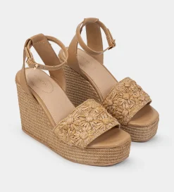 Outlet SANDALIA PLATAFORMA YUTE BORDADO FLORAL BEIGE Mujer Sandalias Y Plataformas