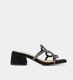 New SANDALIA TACÓN BAJO BRILLOS NEGRO Mujer Fiesta | Sandalias Y Plataformas