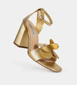 Outlet SANDALIA TACÓN MOÑO PIEL ORO Mujer Fiesta | Piel Auténtica